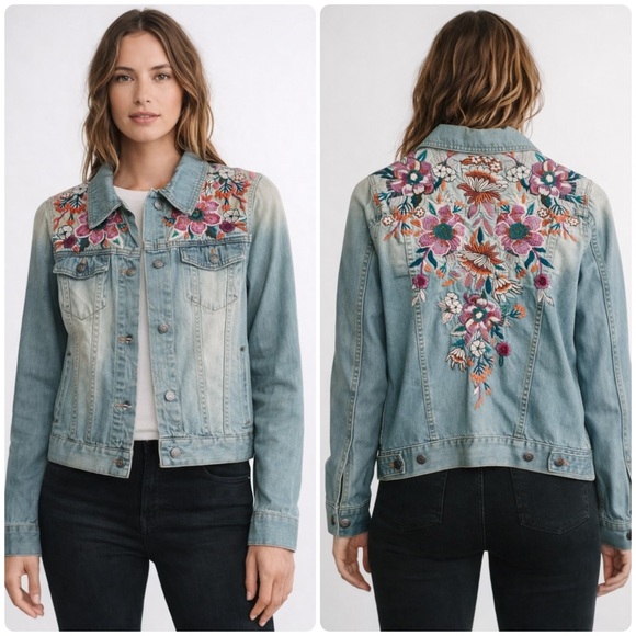 Johnny Was Jackets & Blazers - Johnny Was Nena Floral-Embroidered Denim Jacket | Sz Small